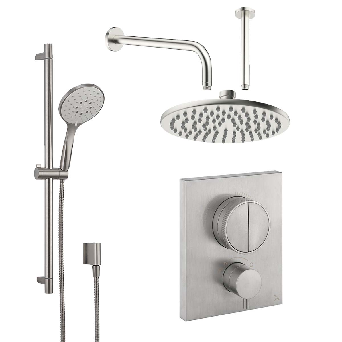 Crosswater MPRO Crossbox Push Dual Outlet Thermostatic Shower Valve With Slide Rail Handset and Fixed Overhead Brushed Stainless Steel