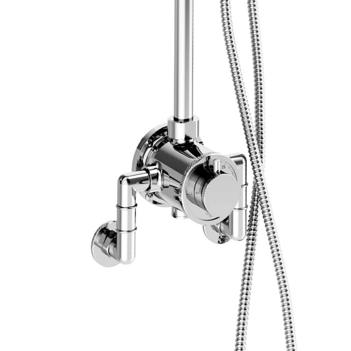 Crosswater MPRO Industrial Dual Outlet Valve With Rigid Riser and Shower Set With Overhead Chrome Close Up