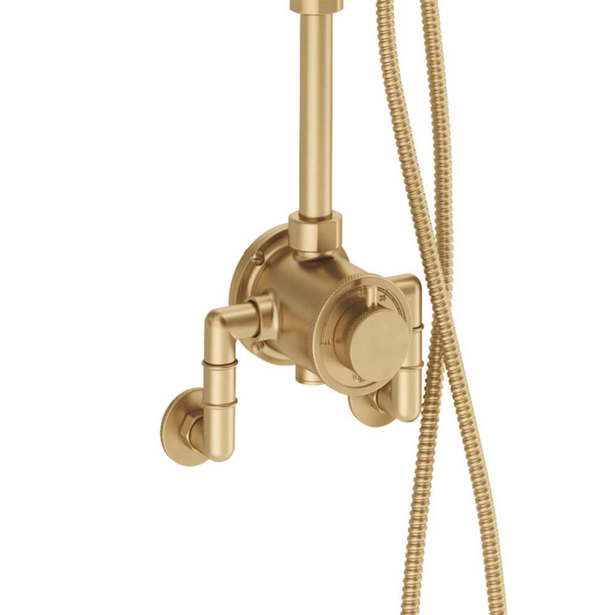 Crosswater MPRO Industrial Dual Outlet Valve With Rigid Riser and Shower Set With Overhead Unlacquered Brass Close Up