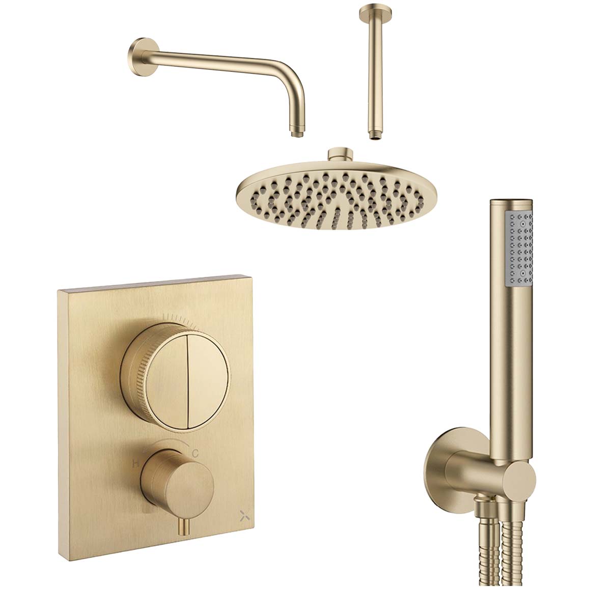 Crosswater MPRO Push Dual Outlet Thermostatic Shower Valve With Pencil Handset and Fixed Overhead Brushed Brass