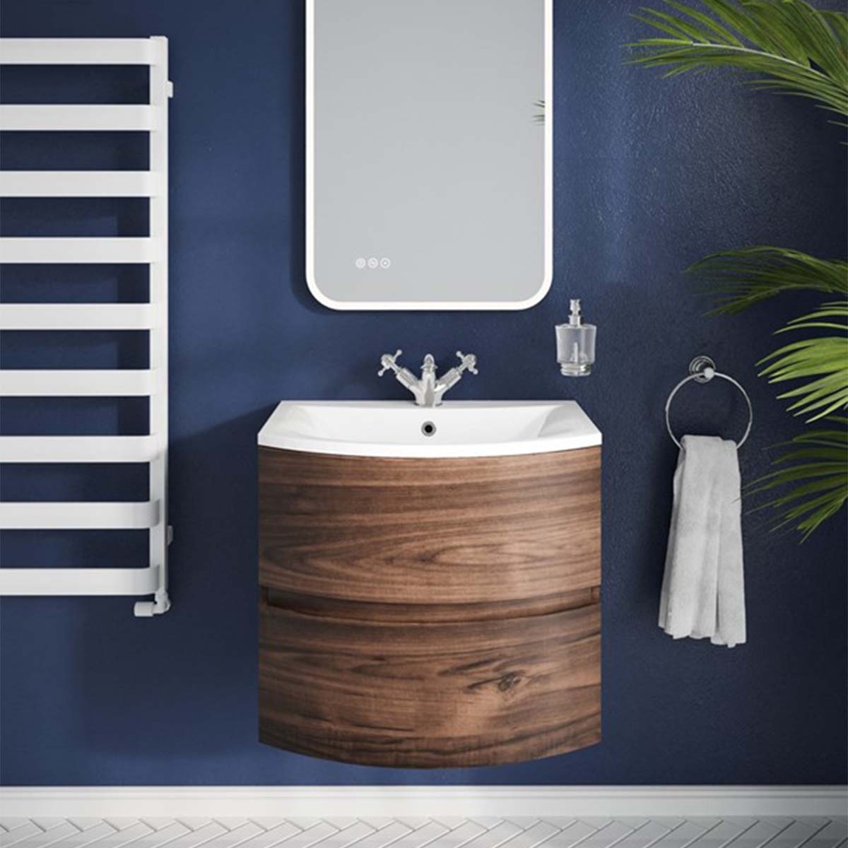 Crosswater Svelte 600mm Double Drawer Wall Hung Vanity Unit-With Ice White Glass Basin American Walnut Lifestyle