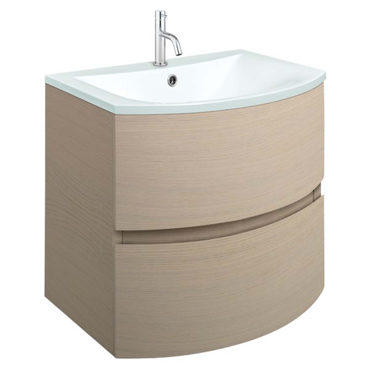 Crosswater Svelte 600mm Double Drawer Wall Hung Vanity Unit With Ice White Glass Basin Castilla Oak
