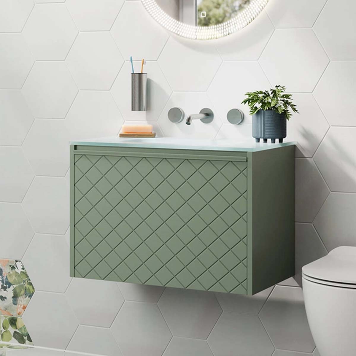 Crosswater Vergo 700mm Single Drawer Wall Hung Vanity Unit With Ice White Glass Basin Sage Green