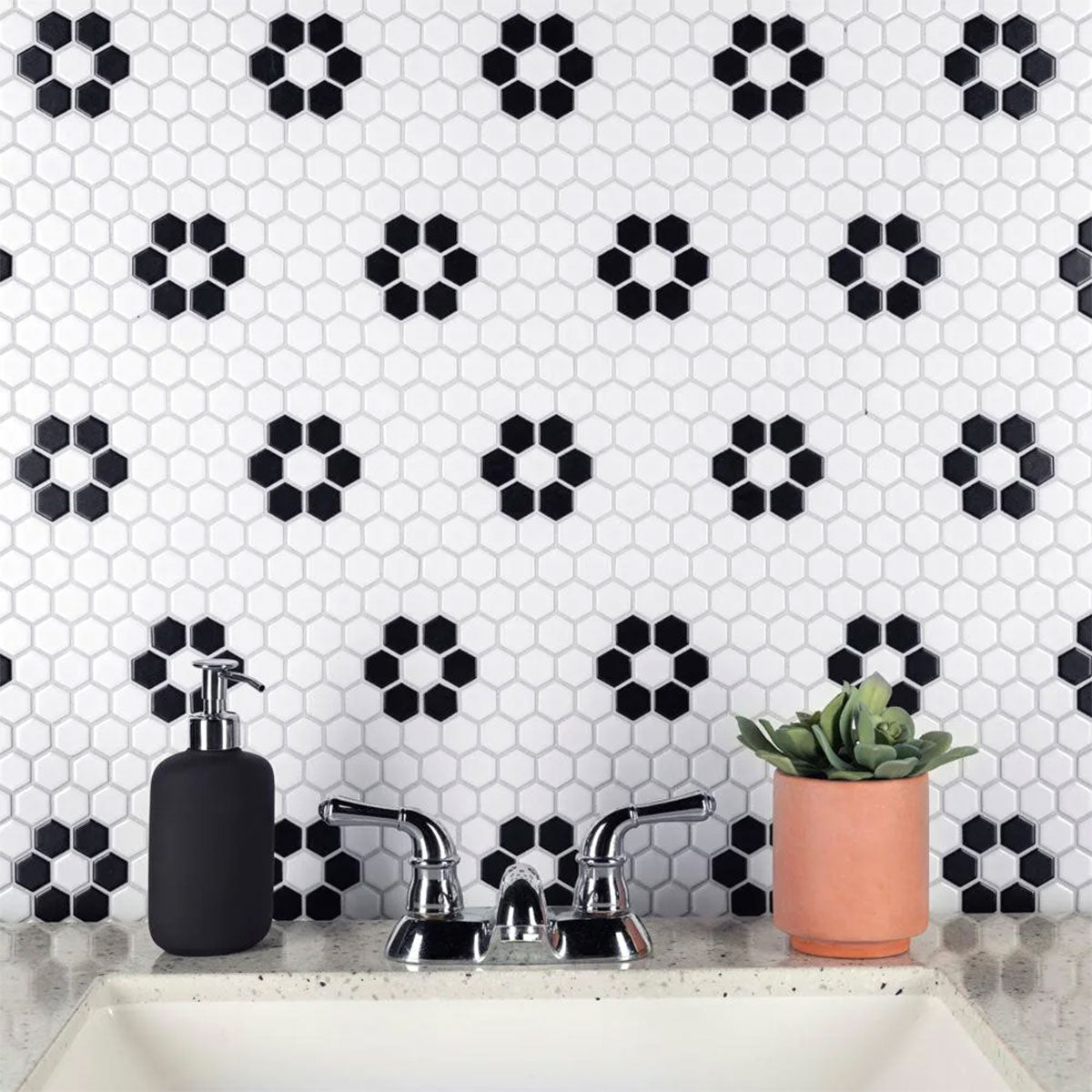 Deluxe Flower Hexagon Mosaic Porcelain Tile Matte Feature