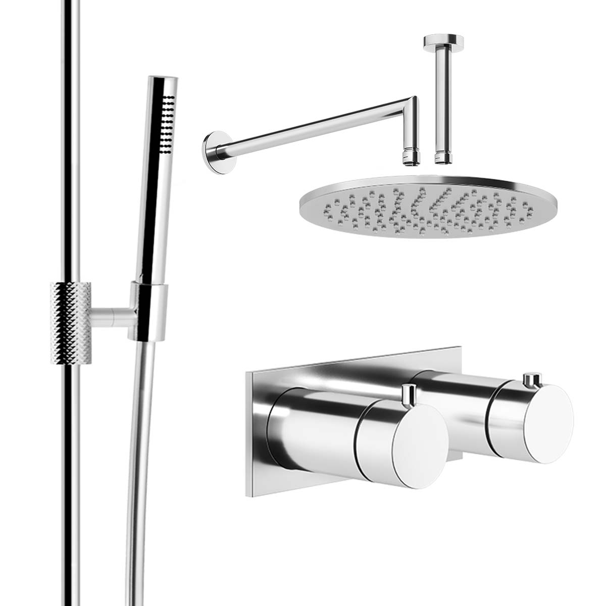 Gessi Anello Dual Outlet Thermostatic Shower Valve with Slide Rail Handset Pencil Shower Handset and Overhead Chrome