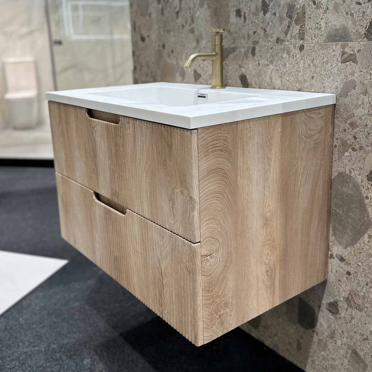Granlusso Opus Oak Fluted Wall Mounted Vanity Unit With White Solid Surface Washbasin