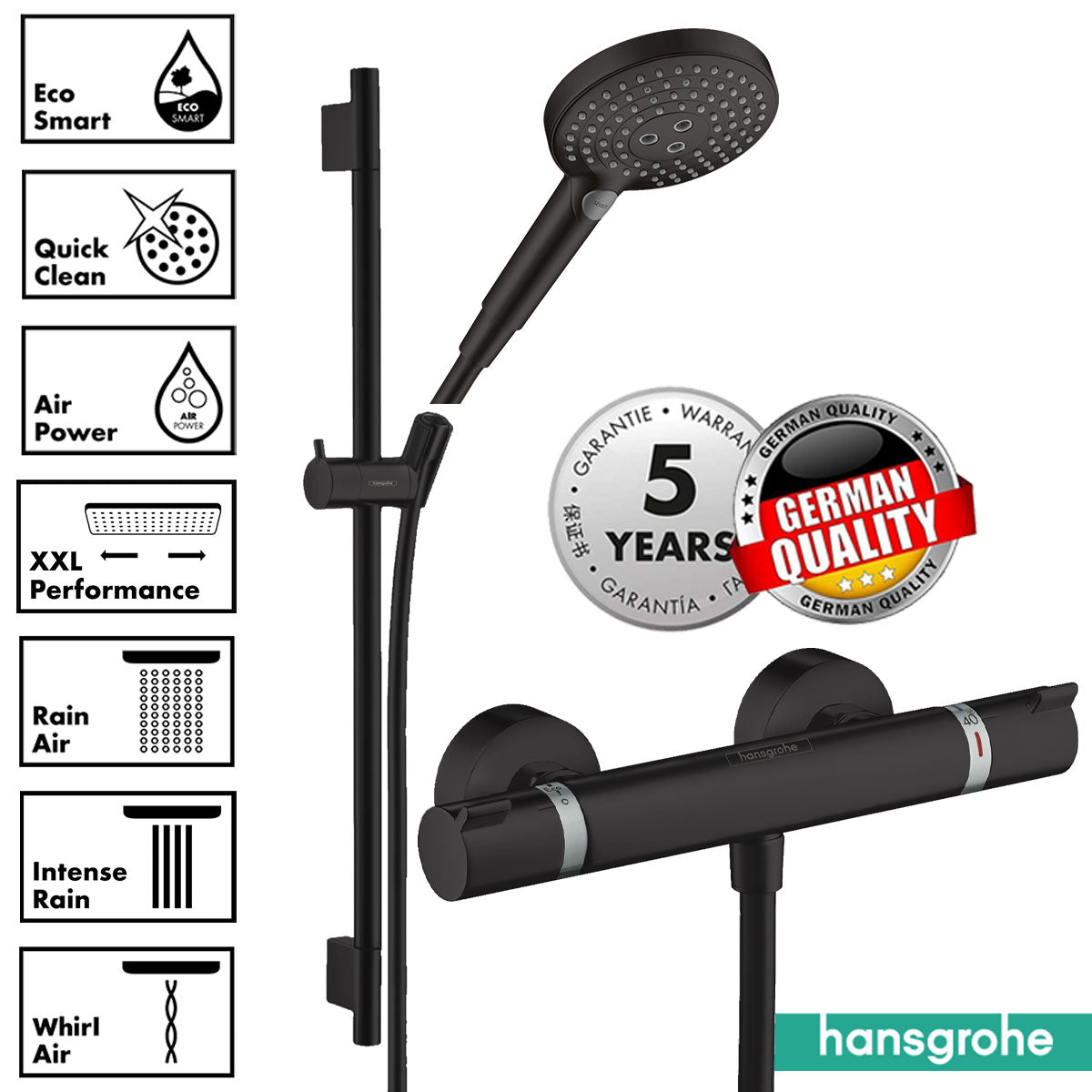 Hansgrohe Ecostat Exposed Thermostatic Shower Bar With Select Slide Rail Kit - Matt Black