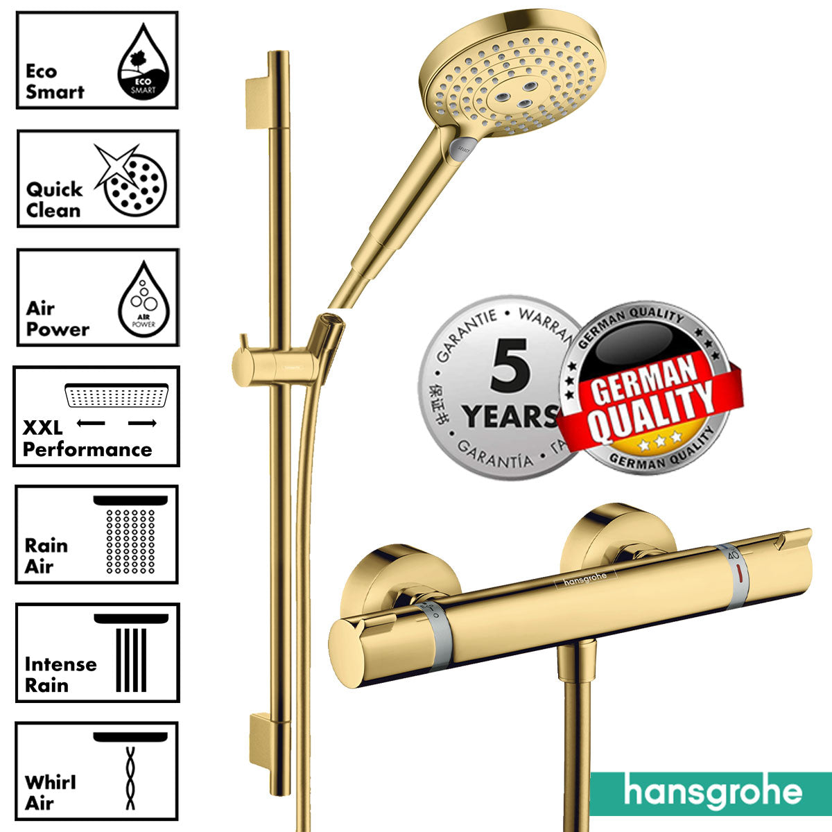 Hansgrohe Ecostat Exposed Thermostatic Shower Bar With Select Slide Rail Kit - Polished Gold Optic