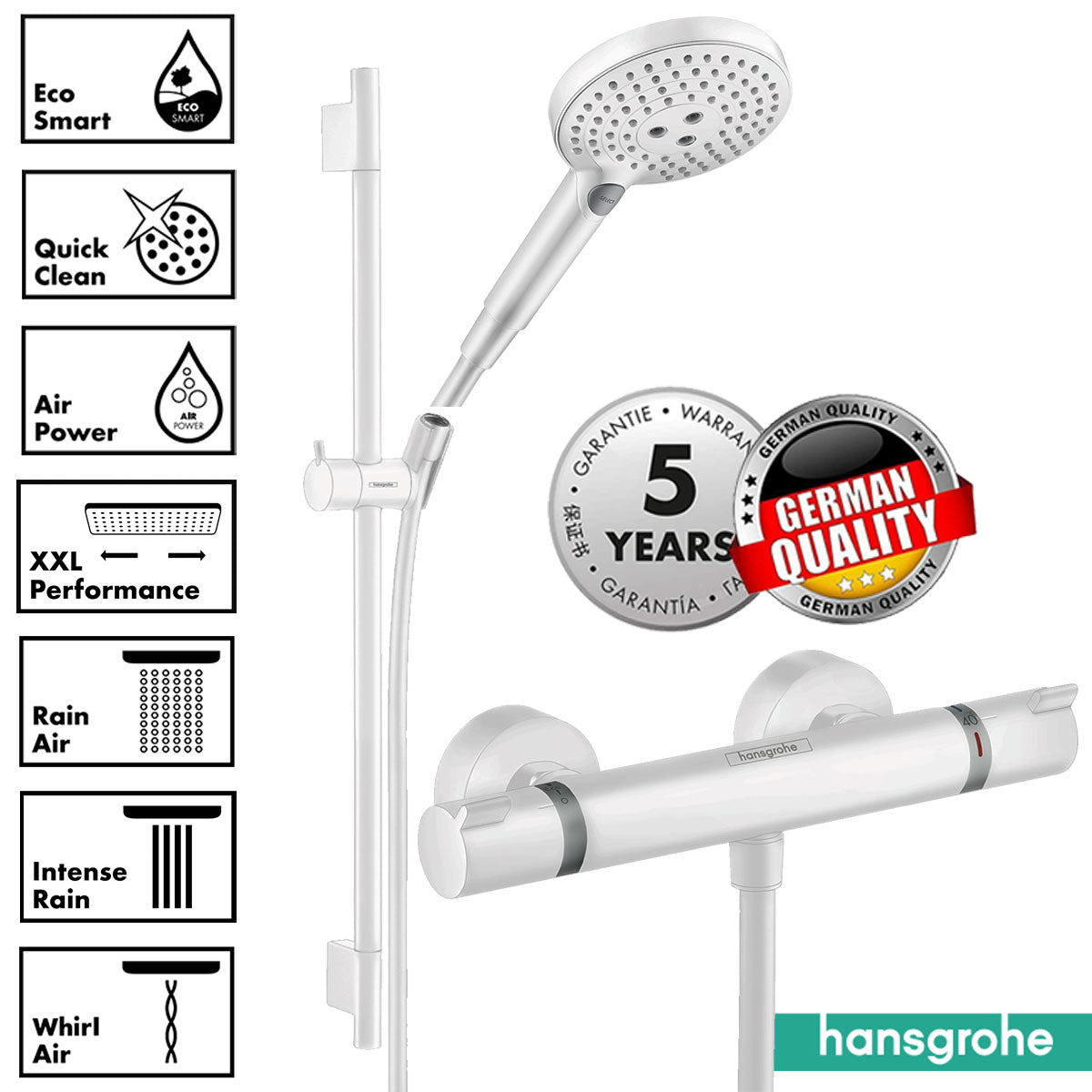 Hansgrohe Ecostat Exposed Thermostatic Shower Bar With Select Slide Rail Kit - Matt White