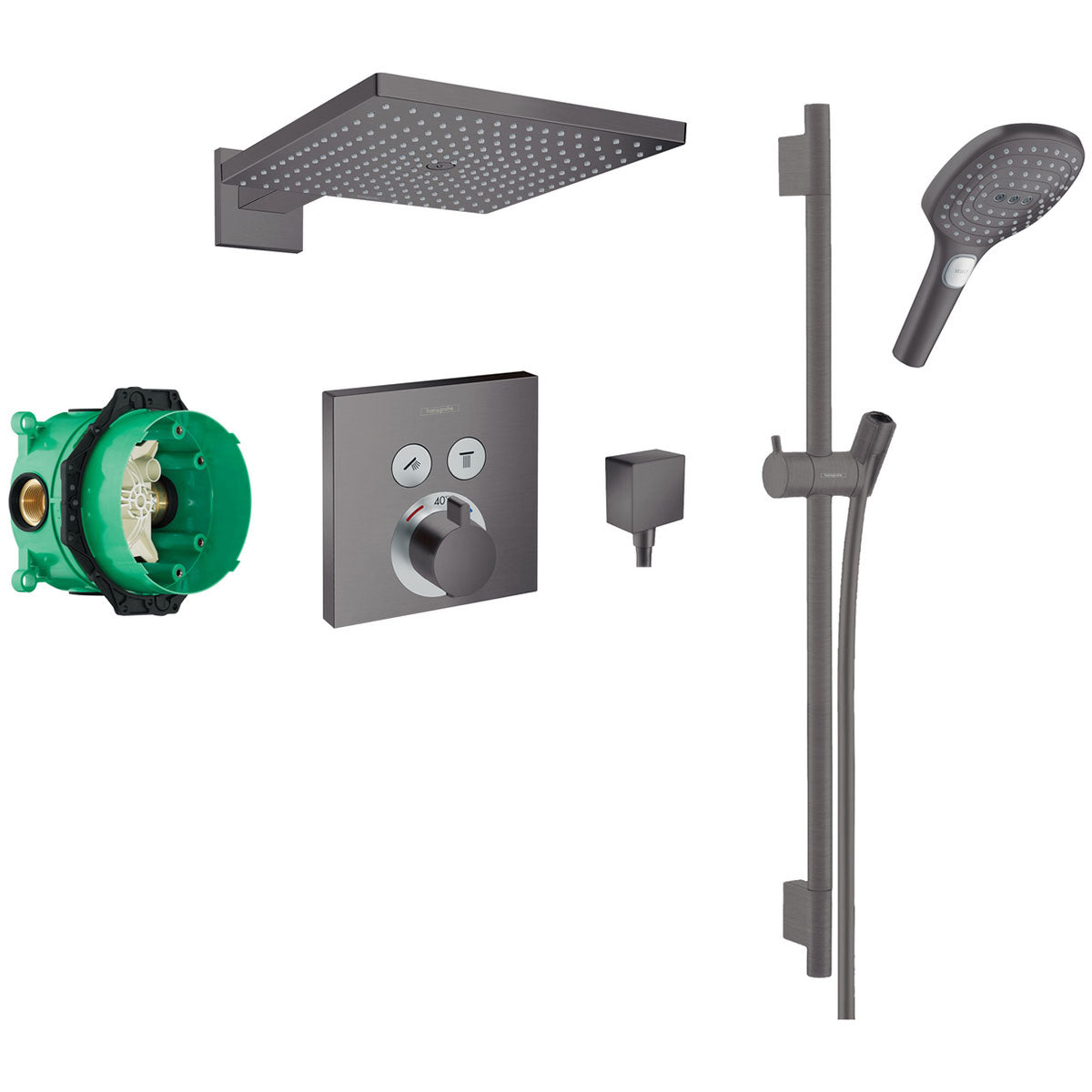 Hansgrohe Square 2 Outlet Push Thermostatic Valve with Raindance Overhead Shower and Slide Rail Kit - Brushed Black Chrome