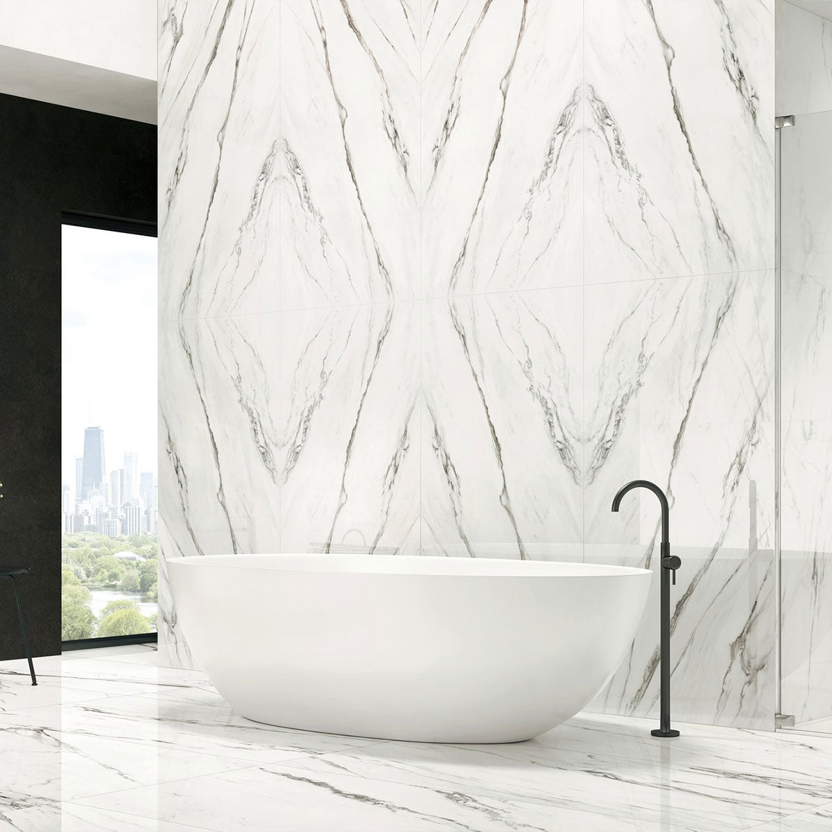 Statuario Plus White Marble Effect Tile Polished 60x120cm Feature