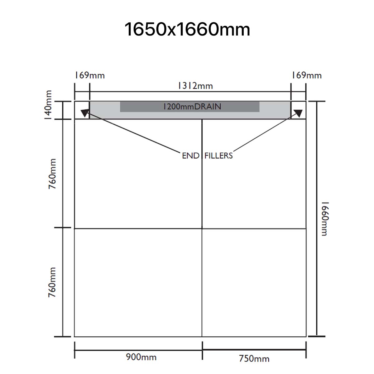 Unislope 1K elegance linear drain 1650x1660mm dimensions