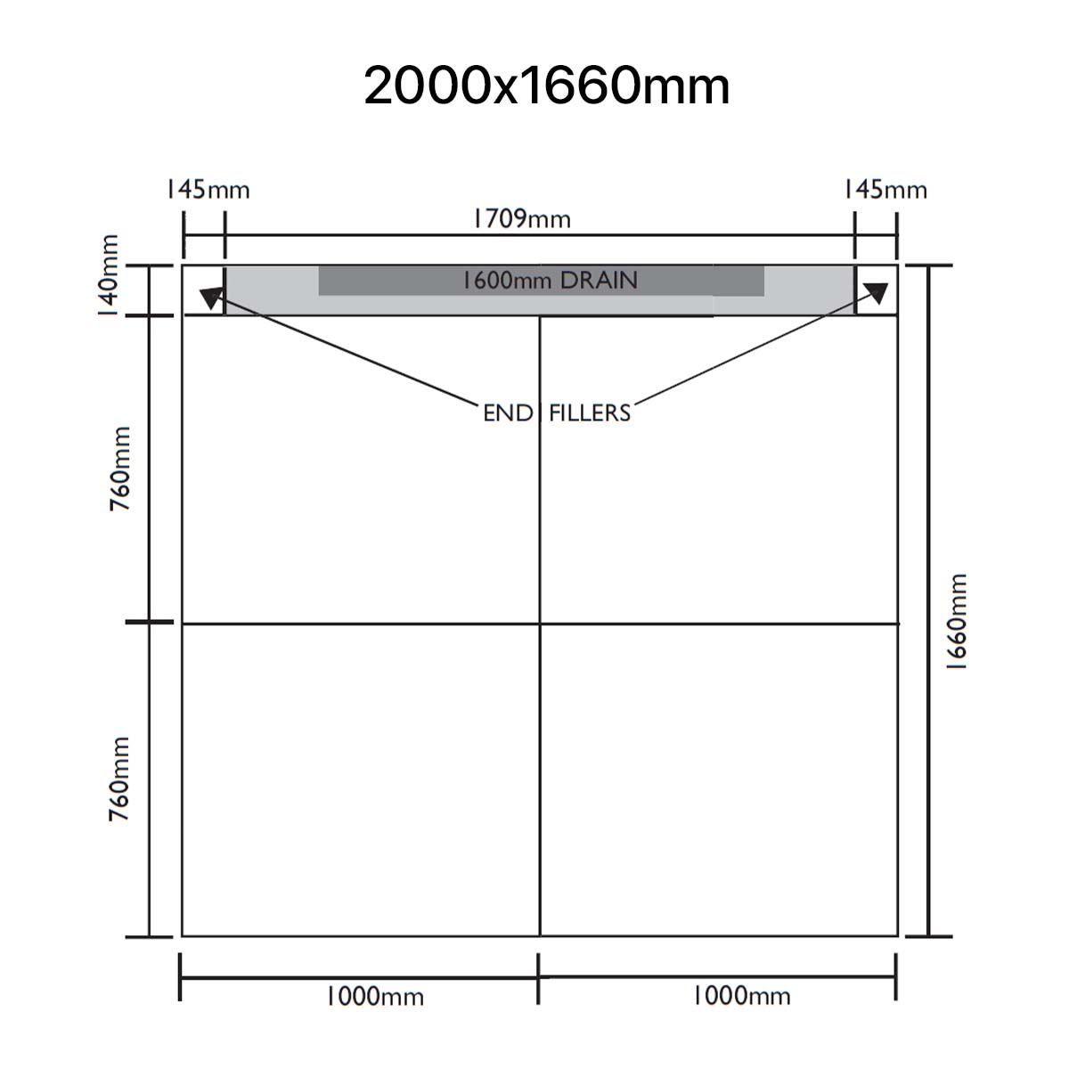 Unislope 1K elegance linear drain 2000x1660mm dimensions