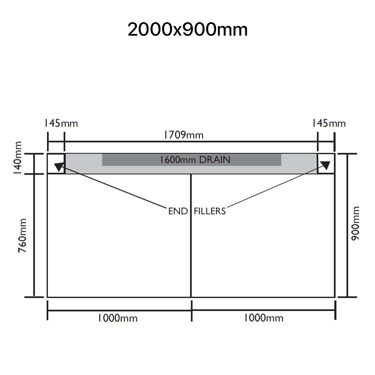 Unislope 1K elegance linear drain 2000x900mm dimensions