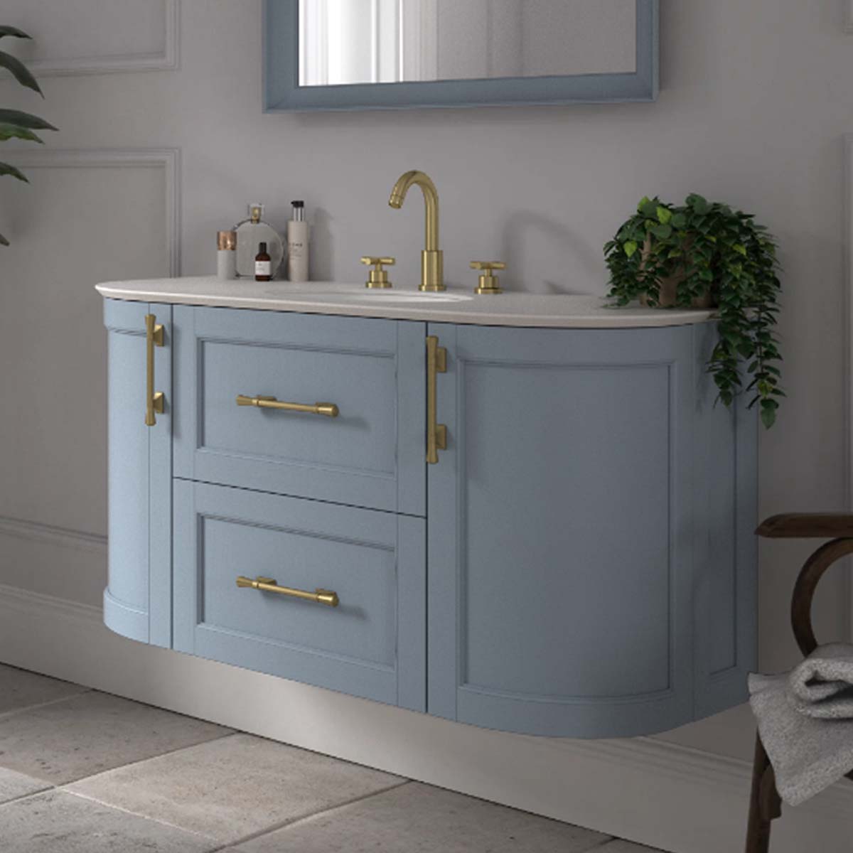 Utopia Roseberry Curved Wall Mounted Vanity Unit With Imperial White Worktop And Solid Surface Undermount Basin Blue Lagoon