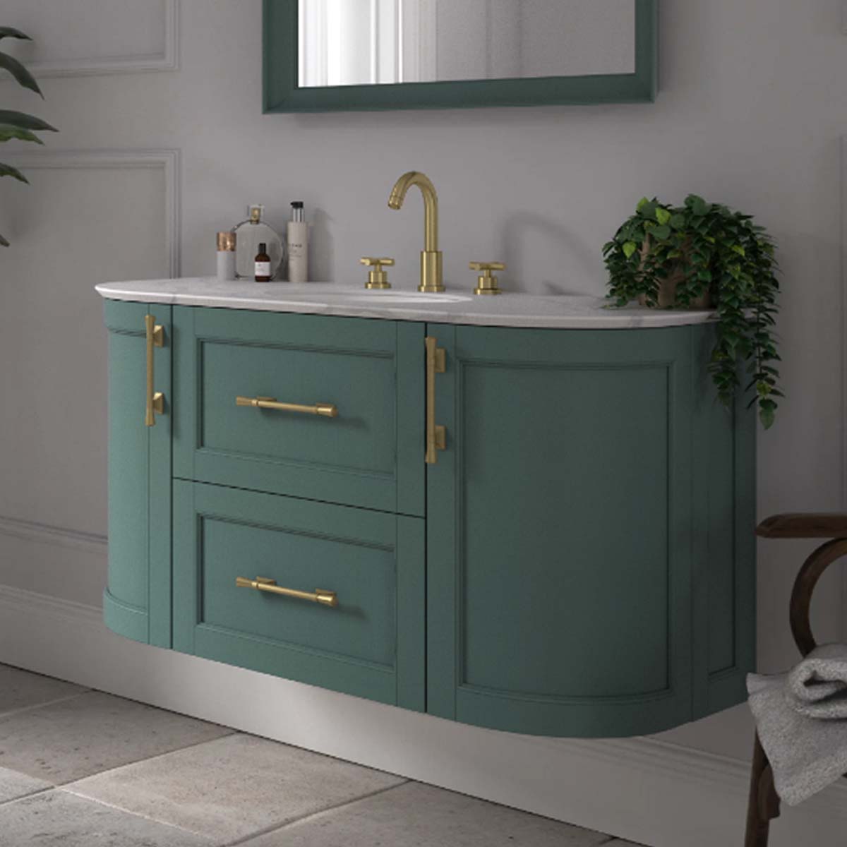 Utopia Roseberry Curved Wall Mounted Vanity Unit With Imperial White Worktop And Solid Surface Undermount Basin Emerald Green
