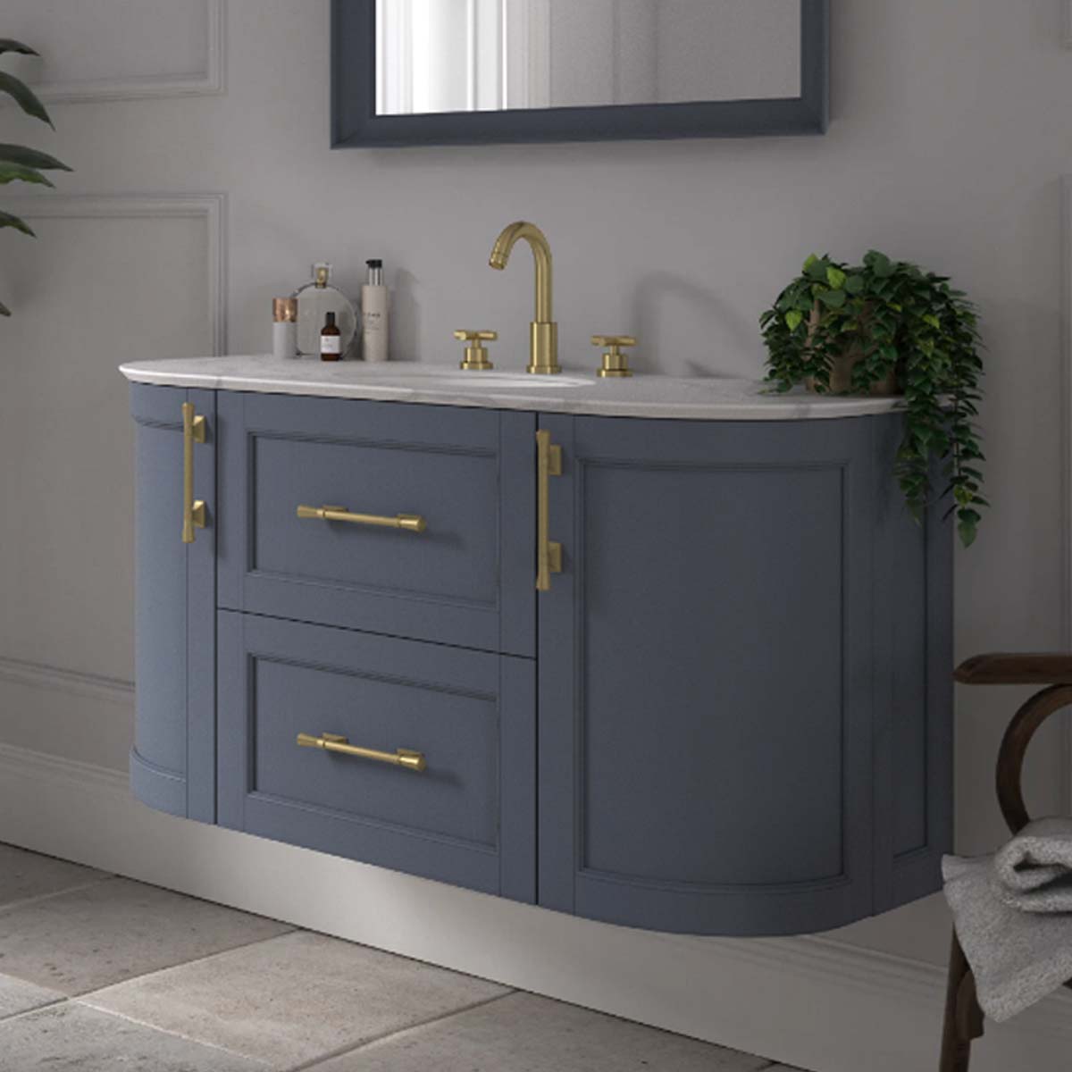 Utopia Roseberry Curved Wall Mounted Vanity Unit With Imperial White Worktop And Solid Surface Undermount Basin Peacock Blue