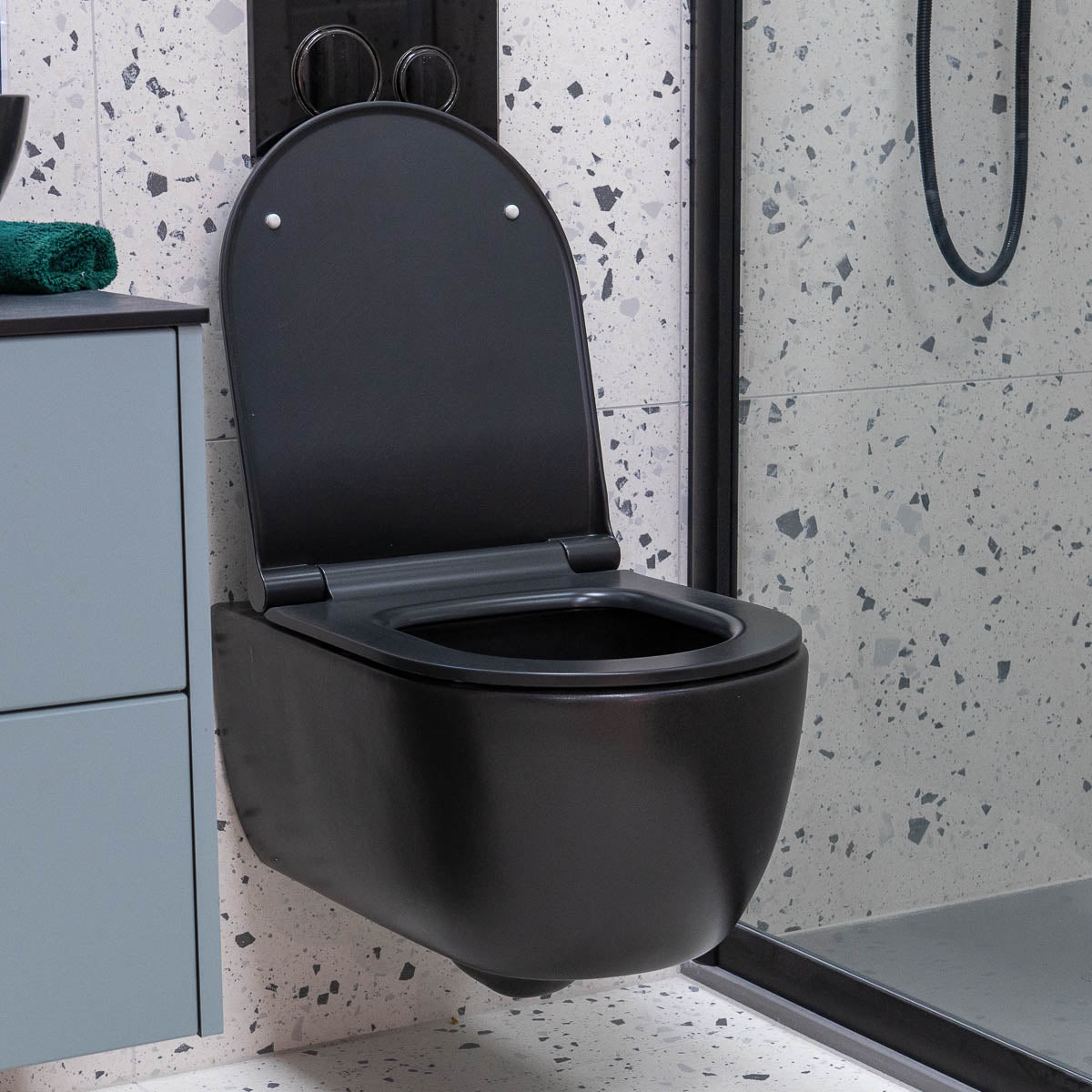 Granlusso Amalfi Black Rimless Wall Hung WC Pan With Soft Close Toilet Seat - Matt
