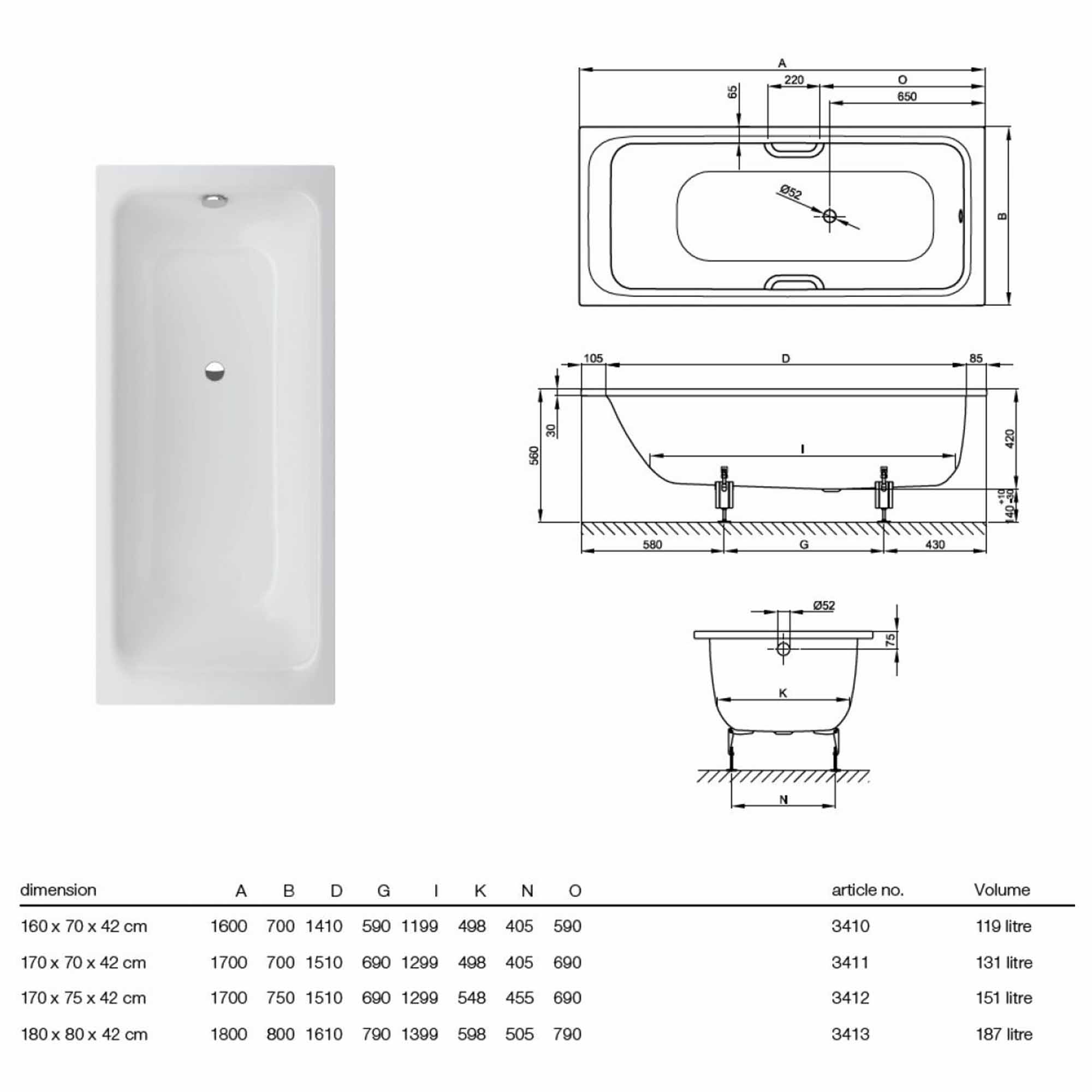 bette select single ended bath 1700x750mm