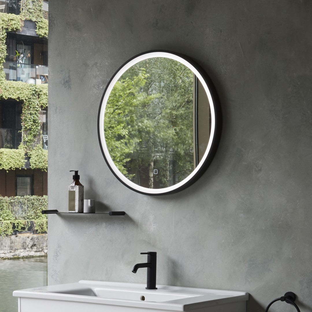 Black round illuminated on sale bathroom mirror