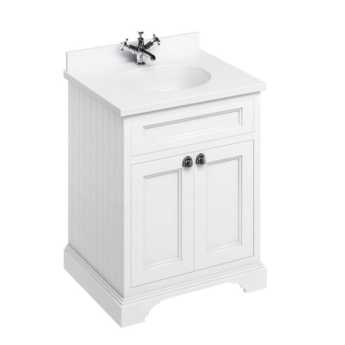 Burlington Floor Standing 650 Two Door Vanity Unit With White Marble Worktop and Integrated Basin Deluxe Bathrooms UK