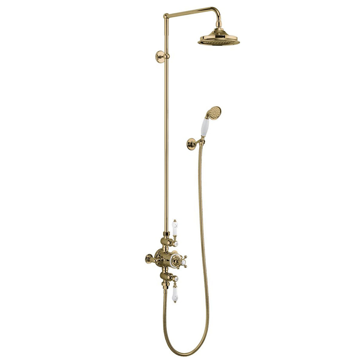 Burlington Avon Exposed Thermostatic Shower with 2 Outlet Valve, Shower Head and Handset - Polished Gold Deluxe Bathrooms UK