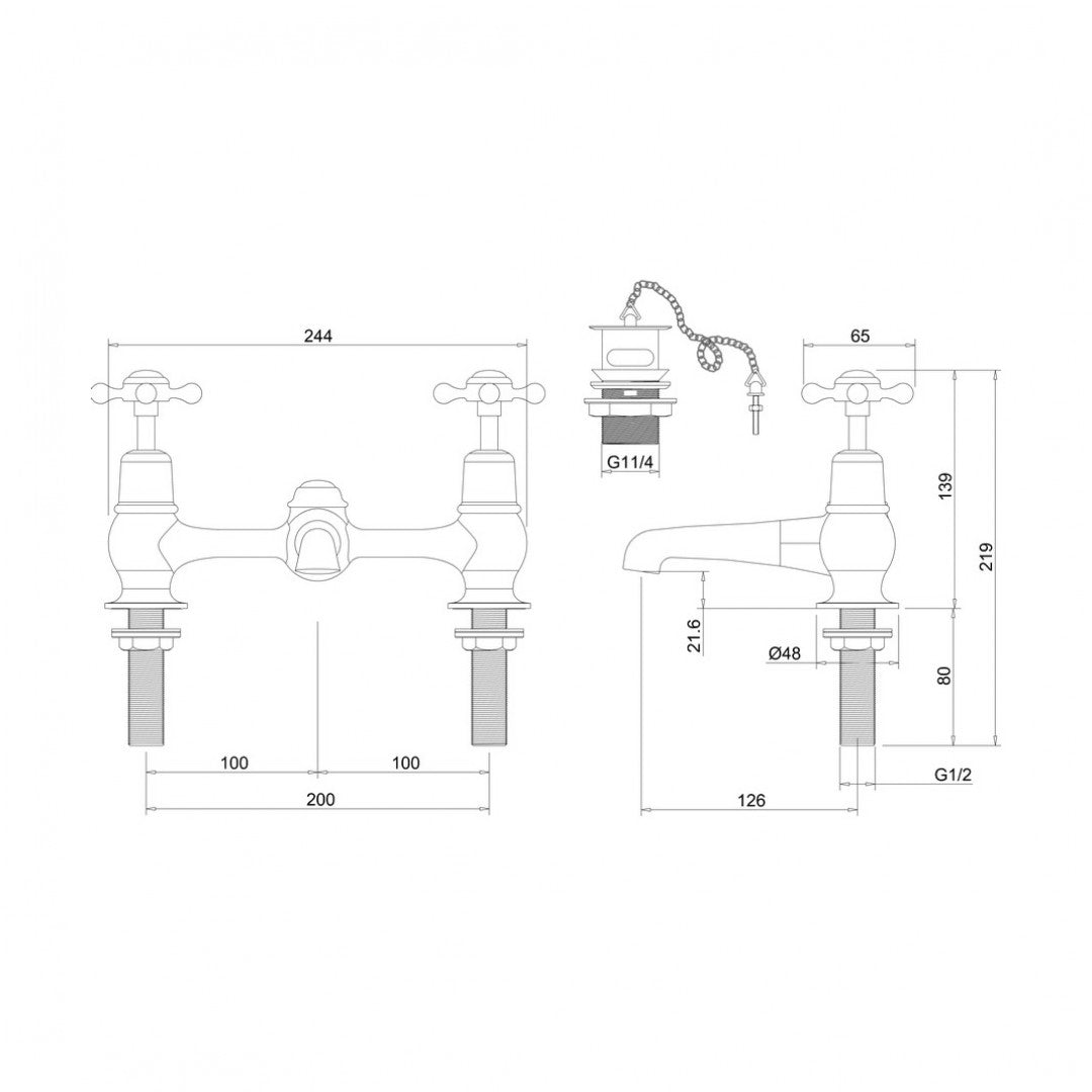 Burlington Claremont Two Tap Hole Bridge Basin Mixer With Plug And Chain Waste Deluxe Bathrooms UK