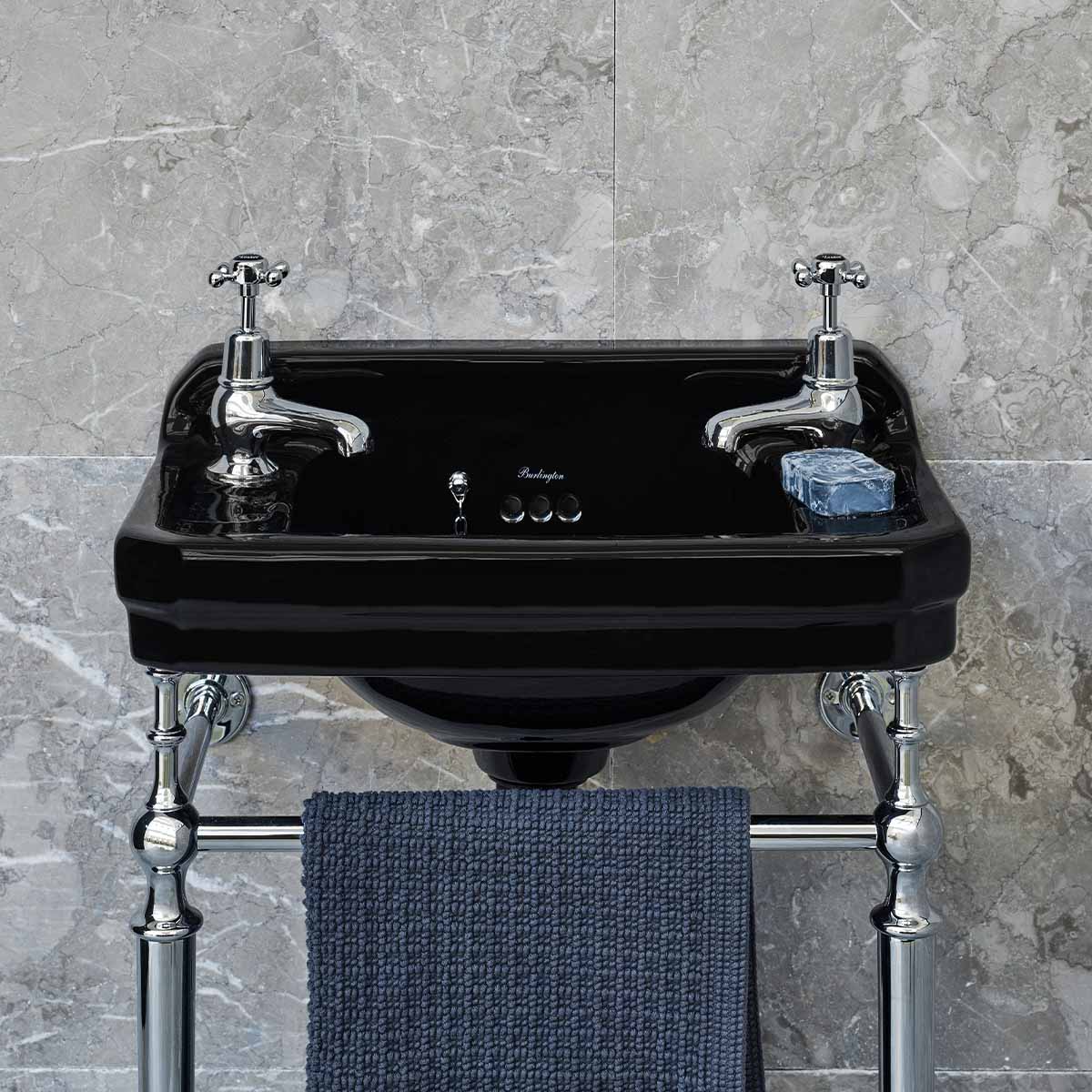 burlington edwardian jet 51cm 2TH black basin chrome washstand lifestyle Deluxe Bathrooms UK