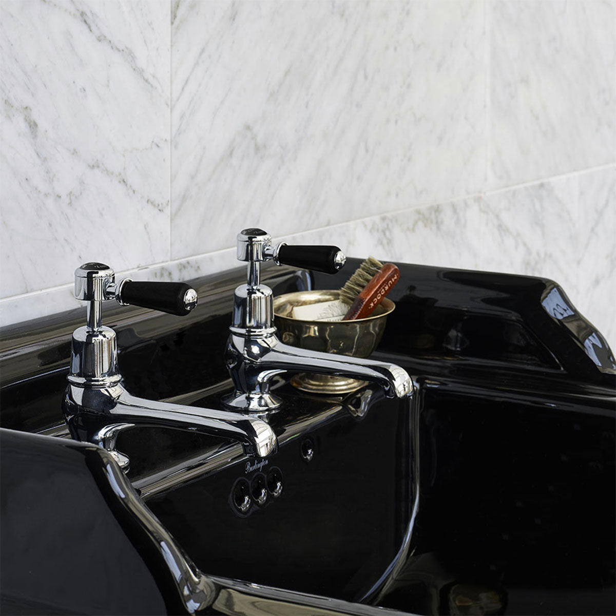 burlington edwardian jet 65cm black basin black pedestal lifestyle close up Deluxe Bathrooms UK