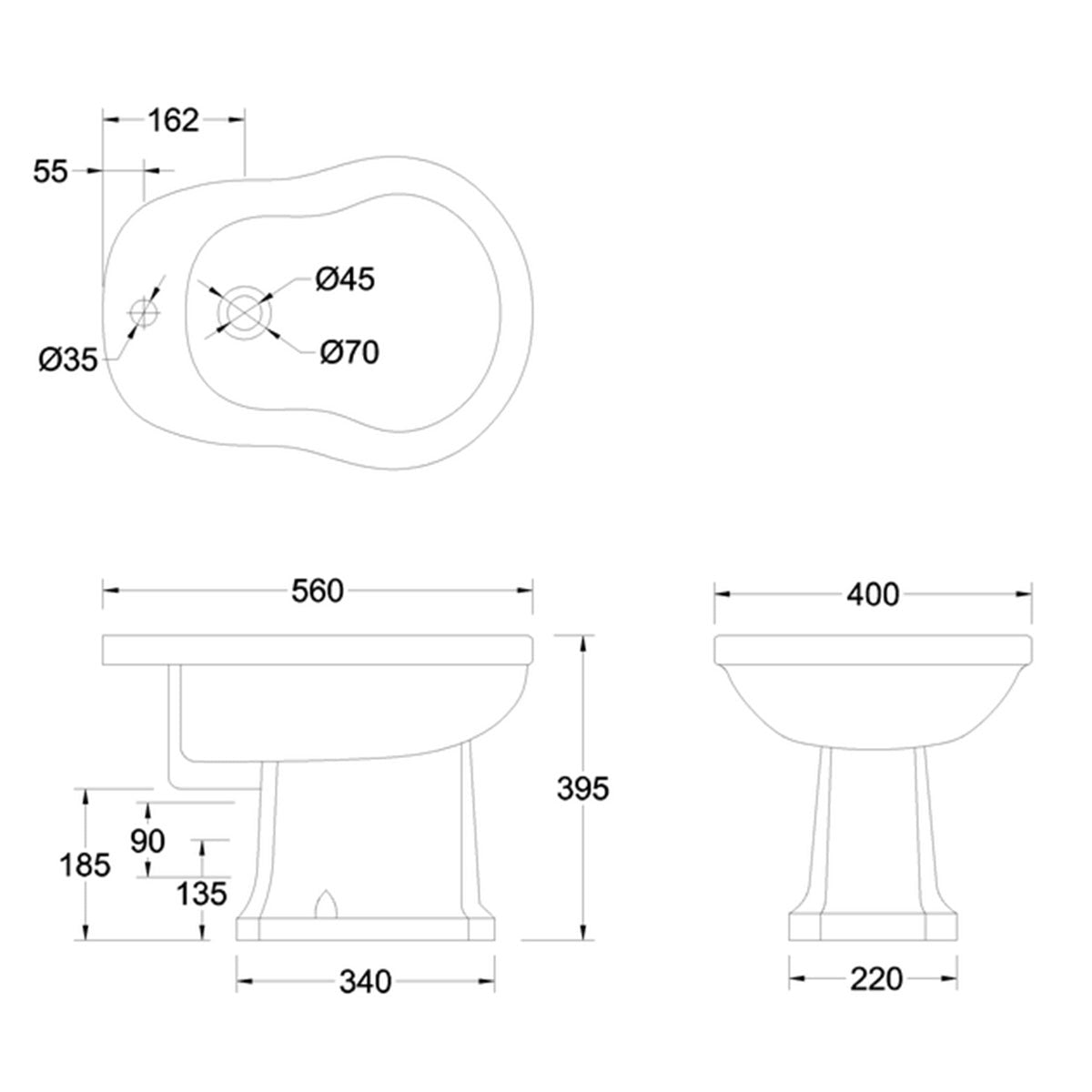 Burlington Floor Standing Bidet dimensions Deluxe Bathrooms UK