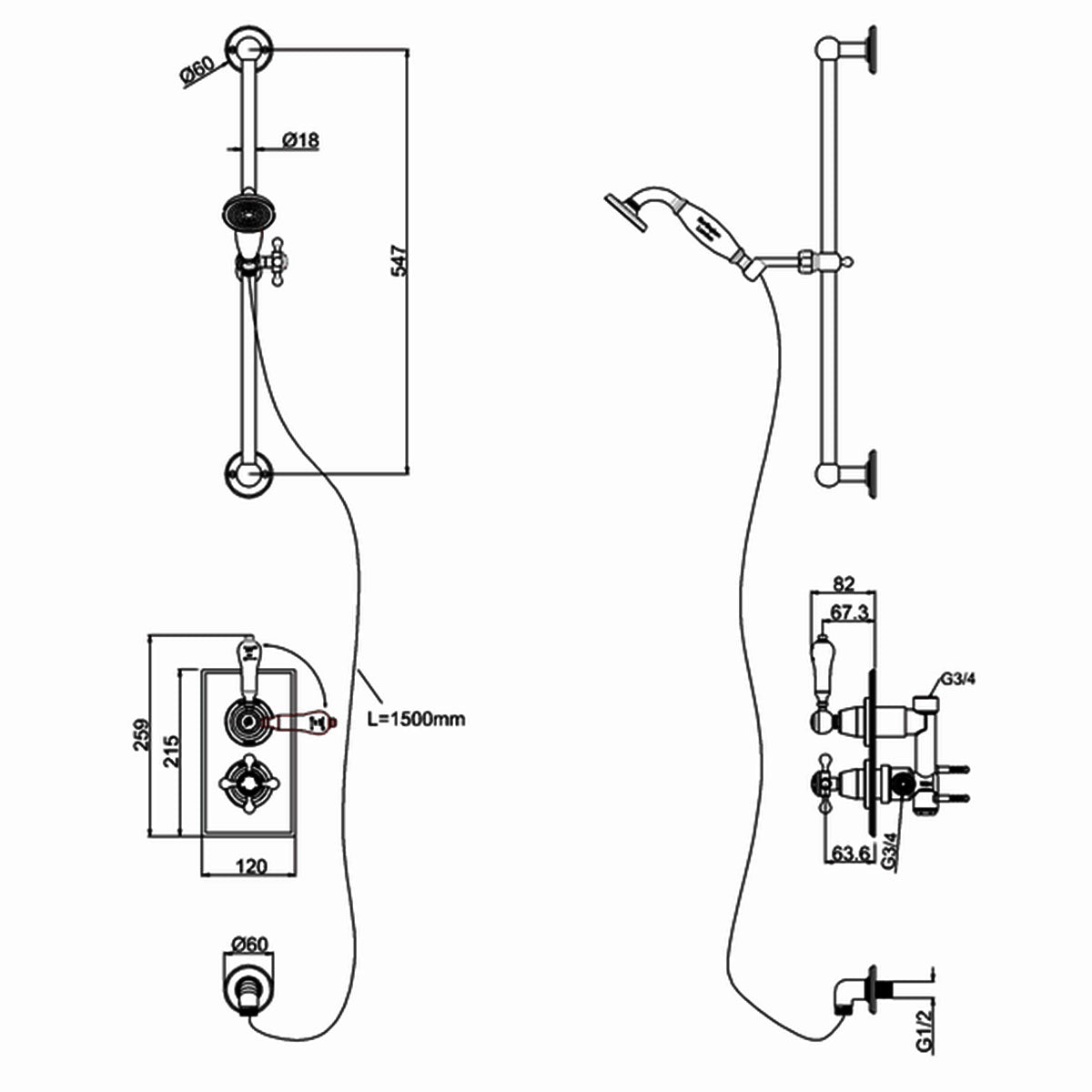 Burlington Trent Thermostatic Single Outlet Shower Valve with Slide Rail Handset Deluxe Bathrooms UK