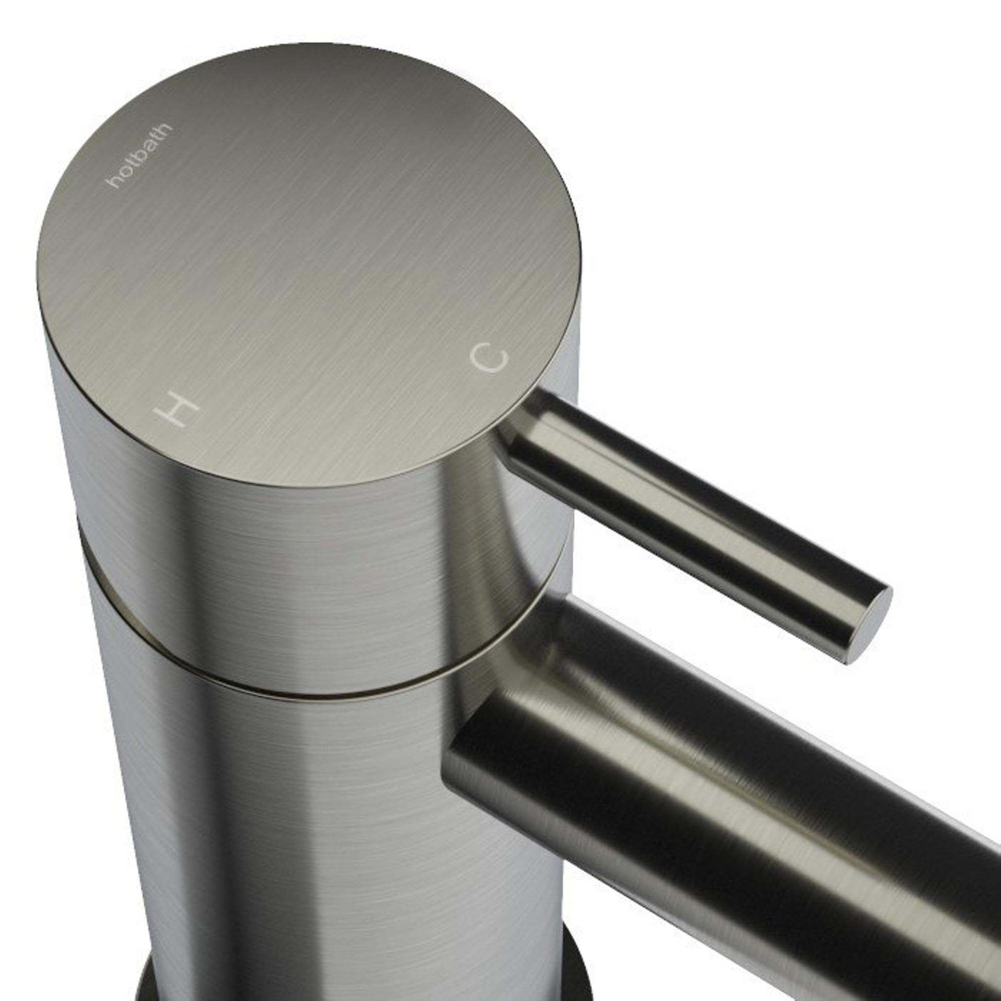 cobber basin mixer tap monobloc straight spout brushed nickel close up