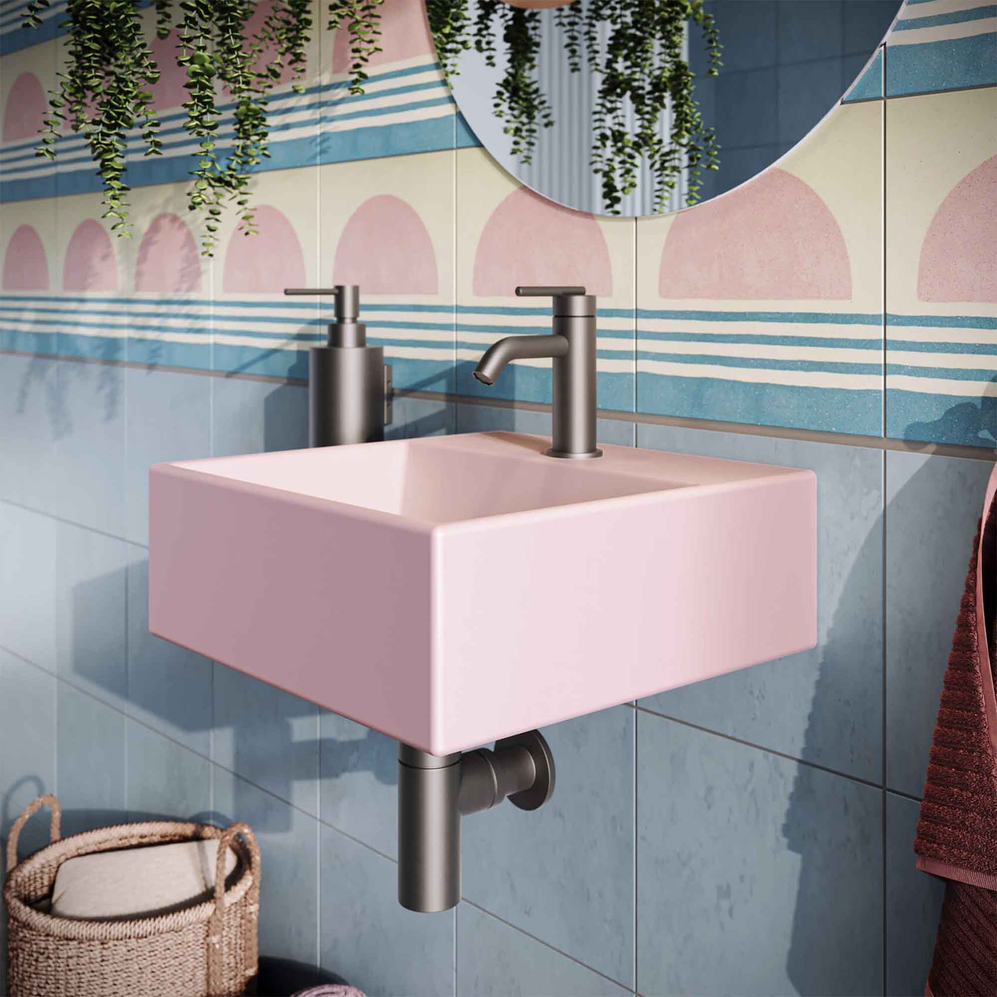 crosswater beck cloakroom basin with waste 300x300mm matt pink