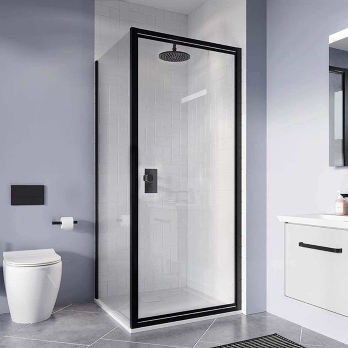crosswater clear 6mm pivot shower door optional side panel matt black lifestyle