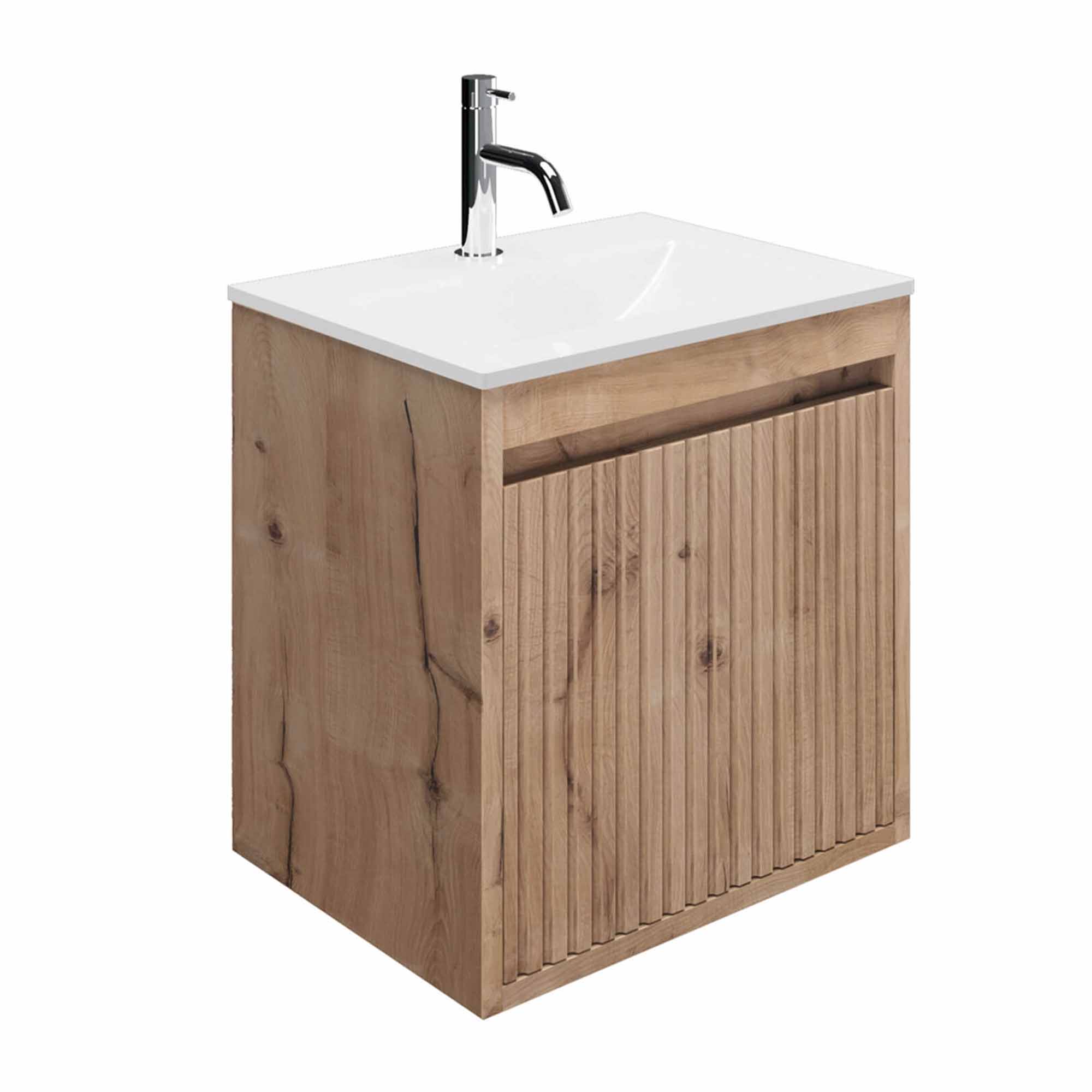 crosswater flute 470mm single drawer wall hung vanity unit with ice white glass basin windsor oak