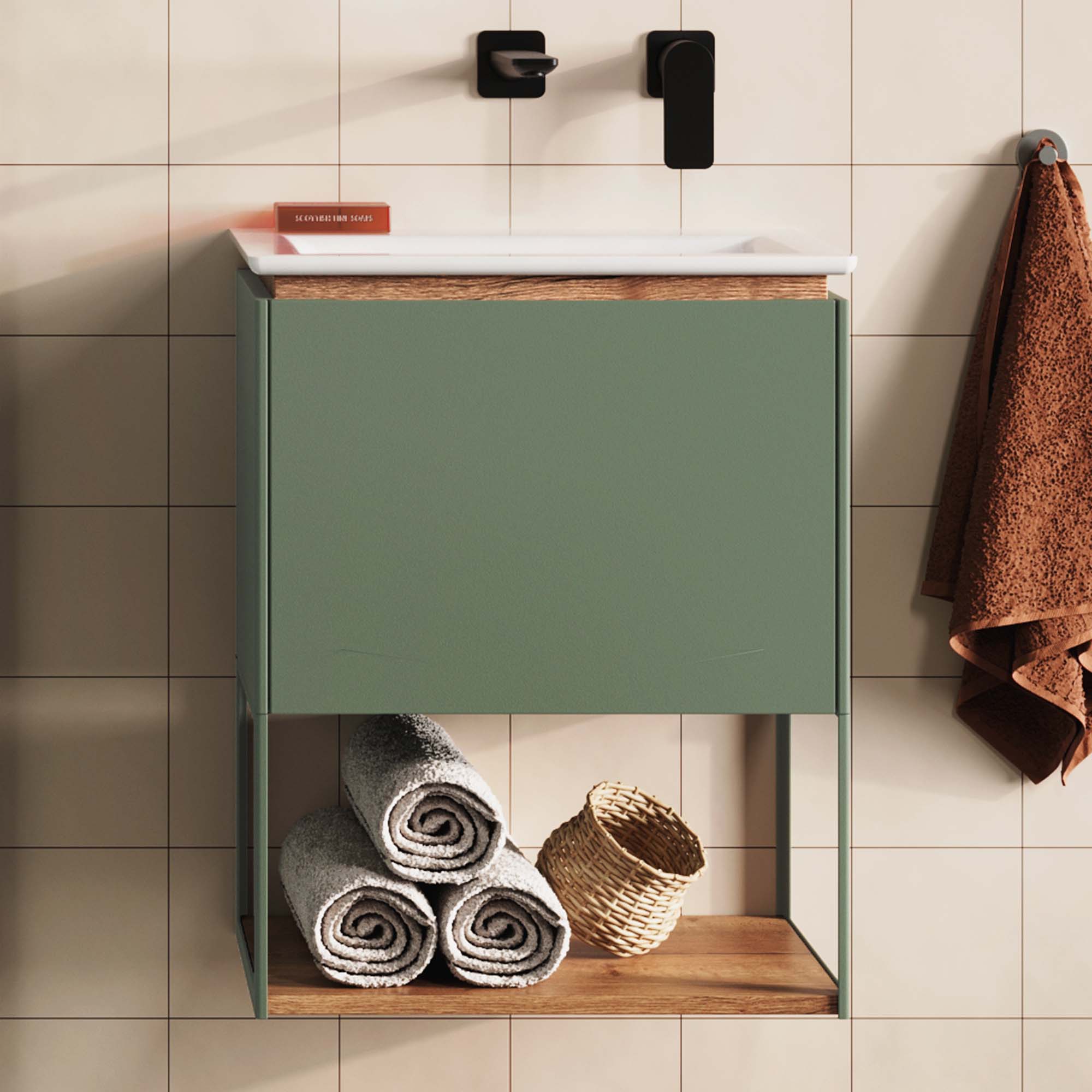 Crosswater Mada Wall Mounted Vanity Unit With Basin Sage Green