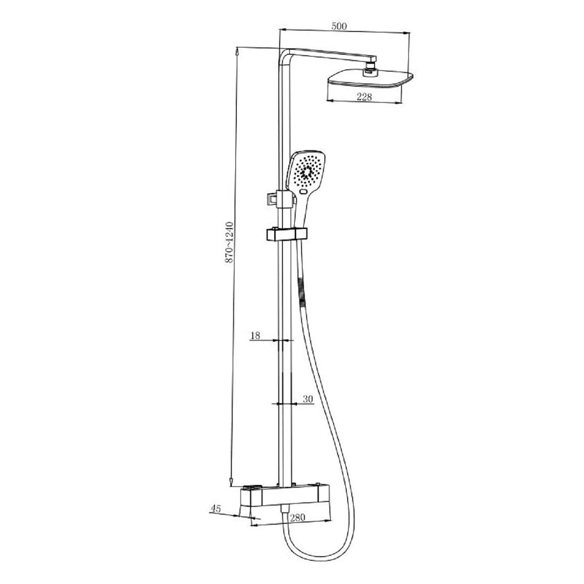 deluxe square dual outlet exposed thermostatic shower with rigid riser handset black