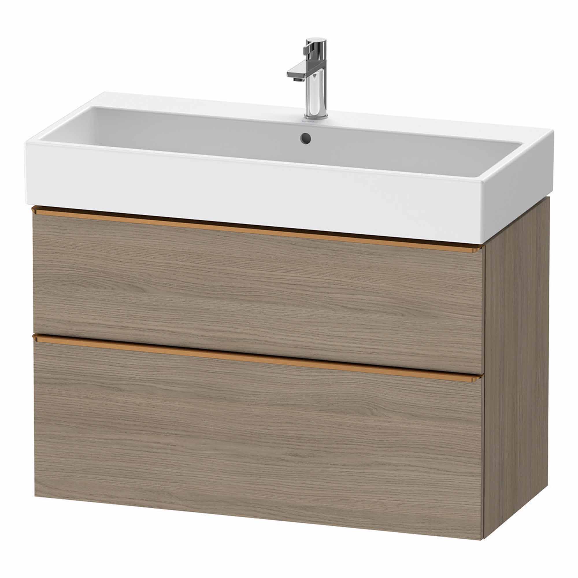 duravit d-neo 1000 wall mounted vanity unit with vero basin oak terra brushed bronze handles