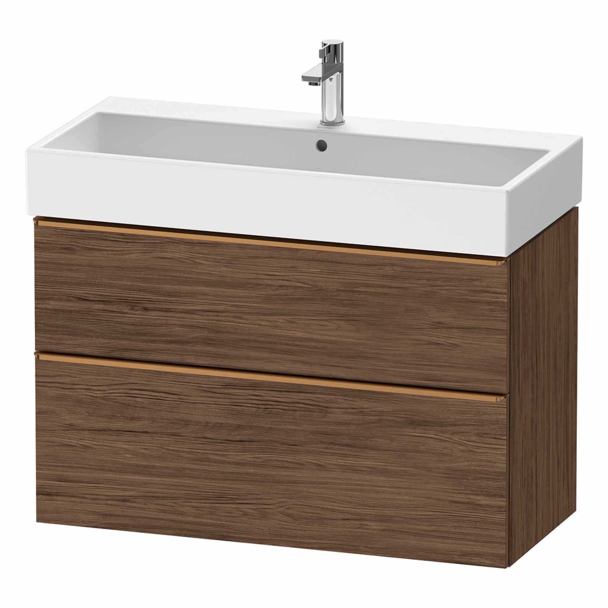 duravit d-neo 1000 wall mounted vanity unit with vero basin walnut dark brushed bronze handles