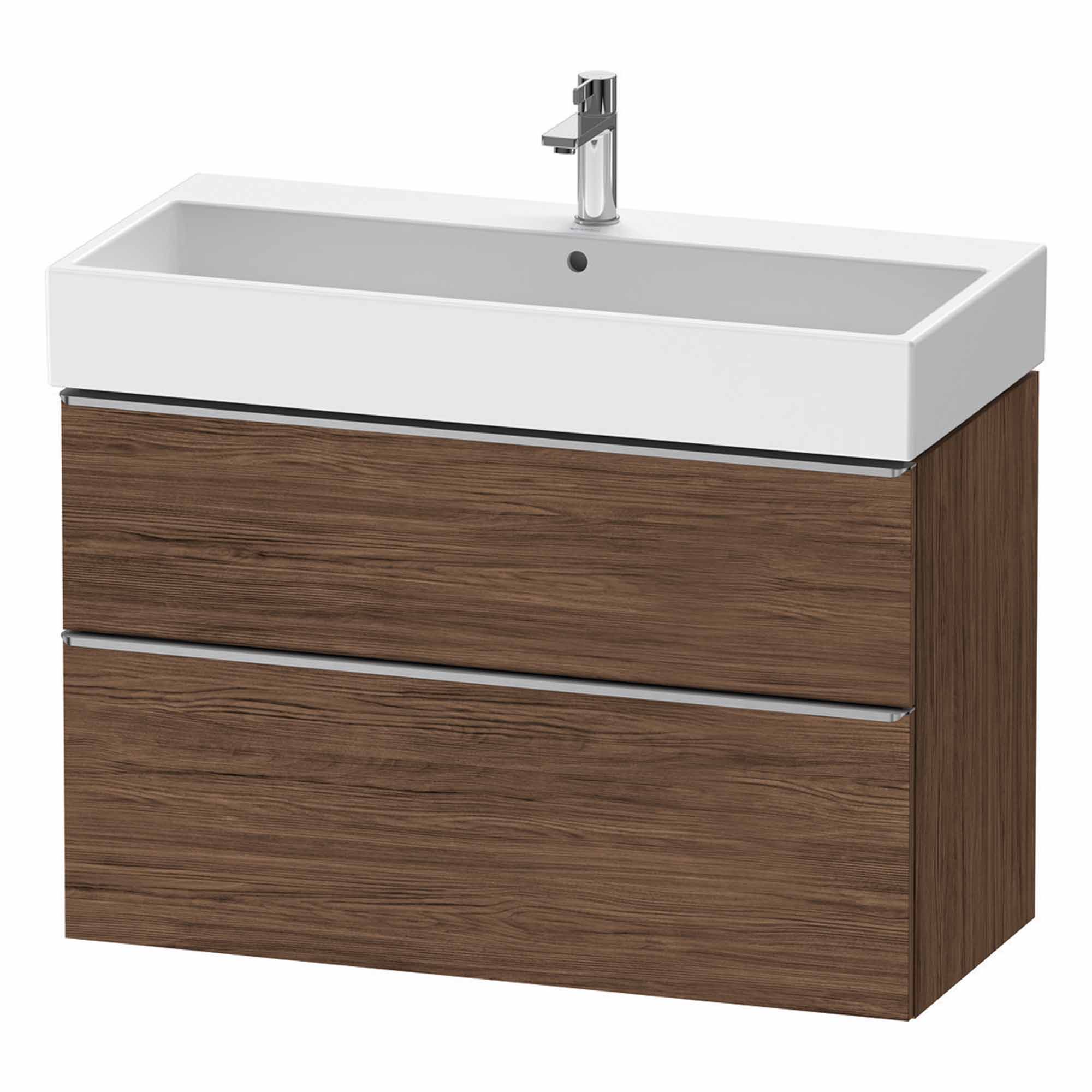 duravit d-neo 1000 wall mounted vanity unit with vero basin walnut dark stainless steel handles