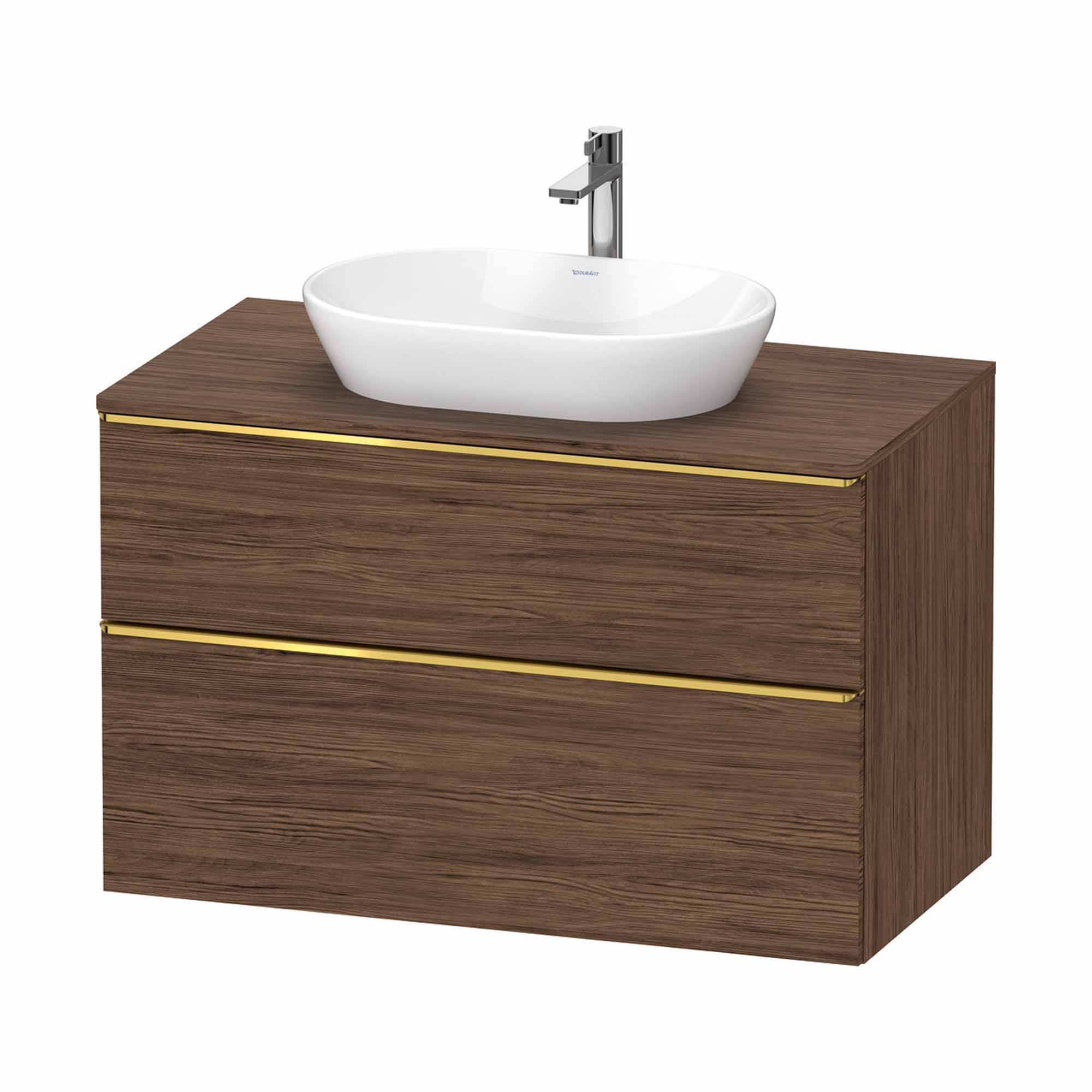 duravit d-neo 1000 wall mounted vanity unit with worktop walnut dark matt gold handles