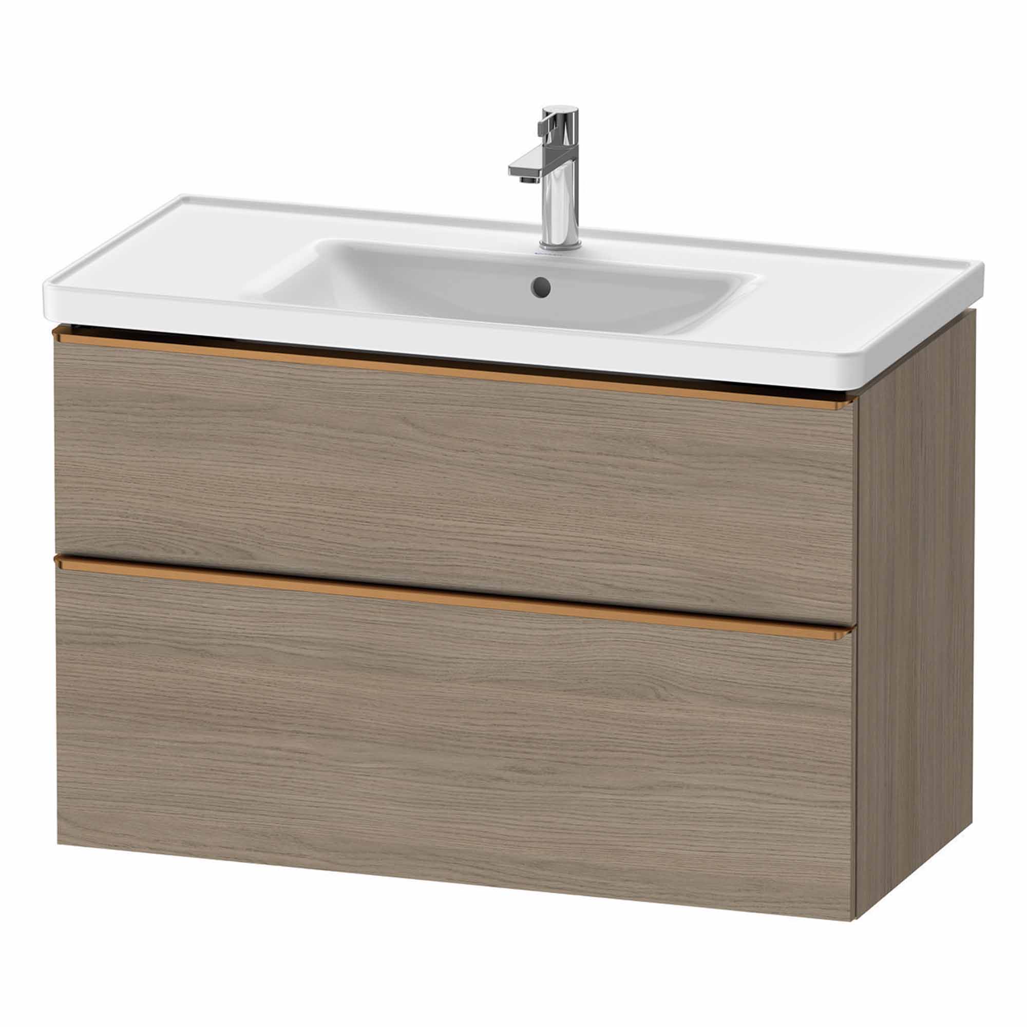 duravit d-neo 1000mm wall mounted vanity unit with d-neo basin oak terra brushed bronze handles