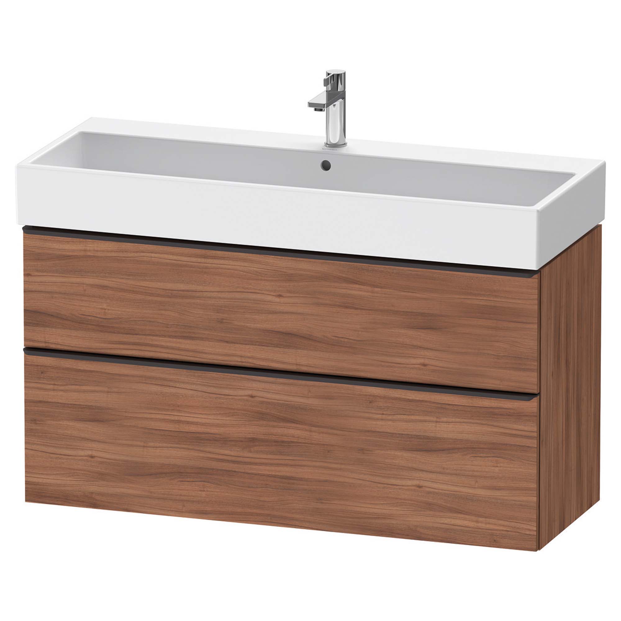 duravit d-neo 1200 wall mounted vanity unit with vero basin walnut diamond black handles