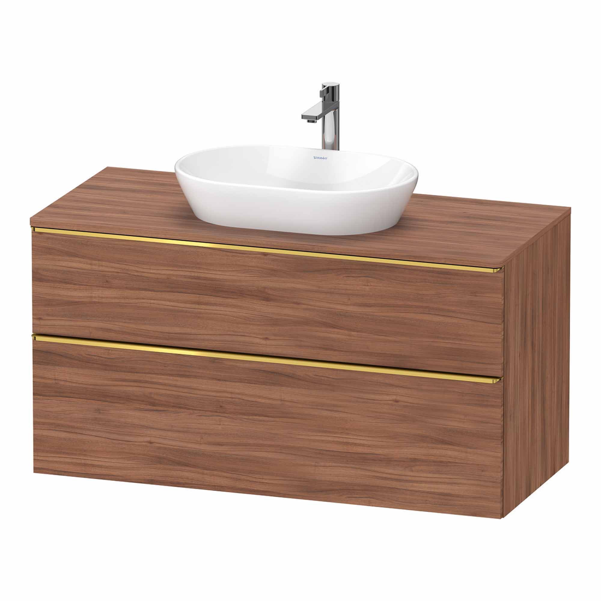 duravit d-neo 1200 wall mounted vanity unit with-worktop walnut gold handles
