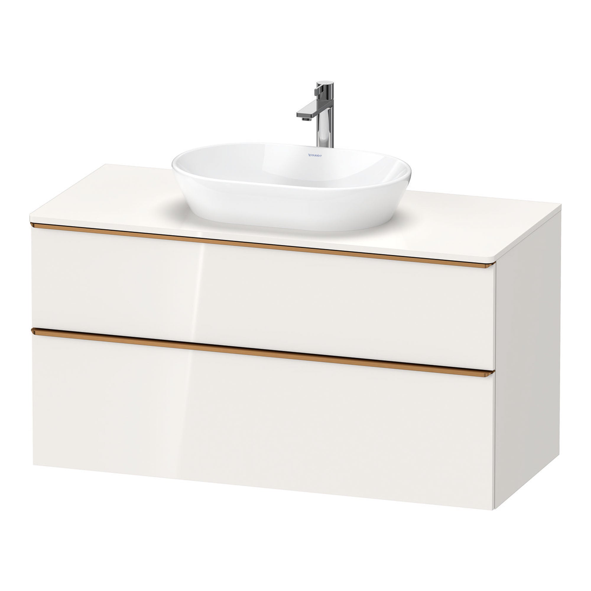 duravit d-neo 1200 wall mounted vanity unit with worktop white gloss brushed bronze handles