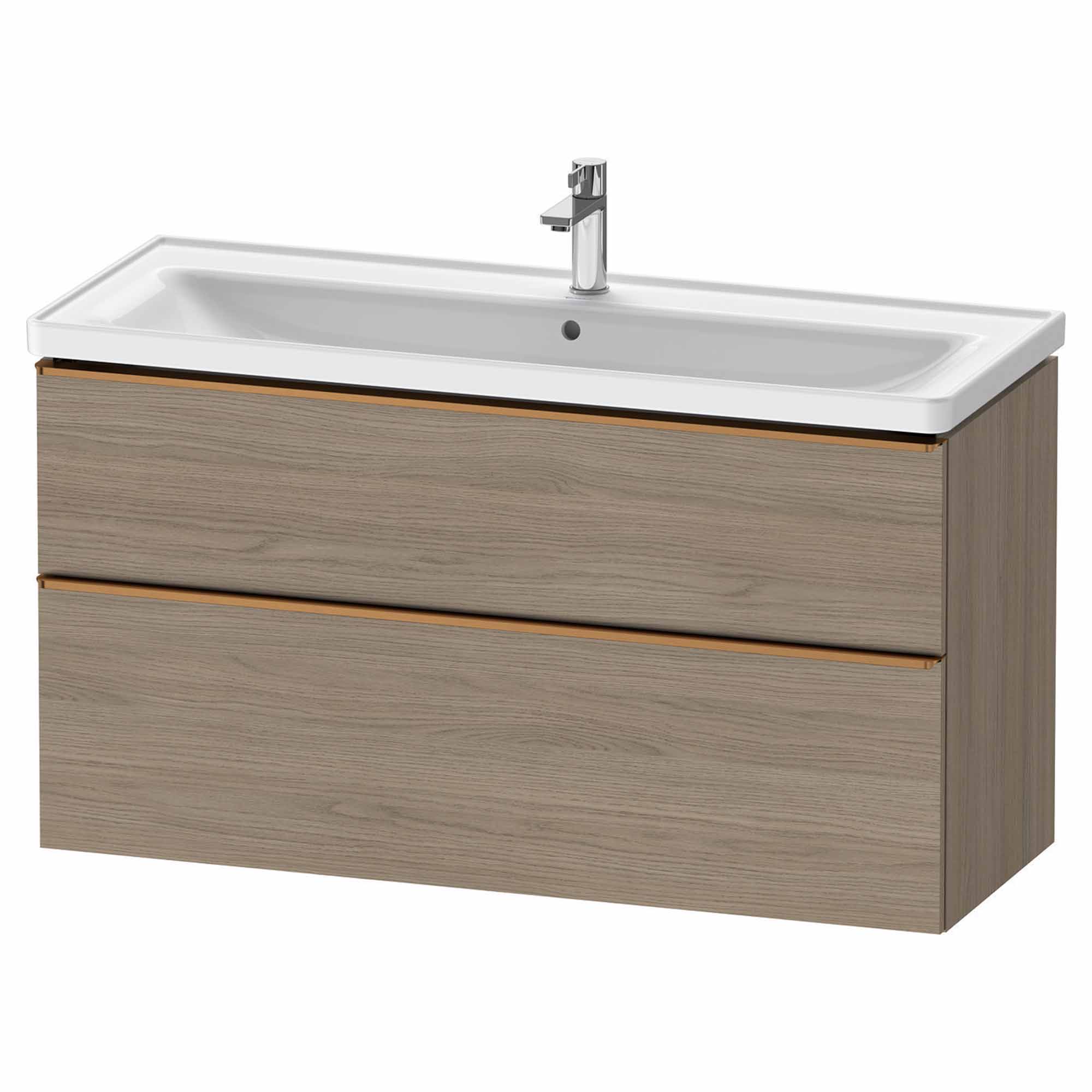 duravit d-neo 1200mm wall mounted vanity unit with d-neo basin oak terra brushed bronze handles