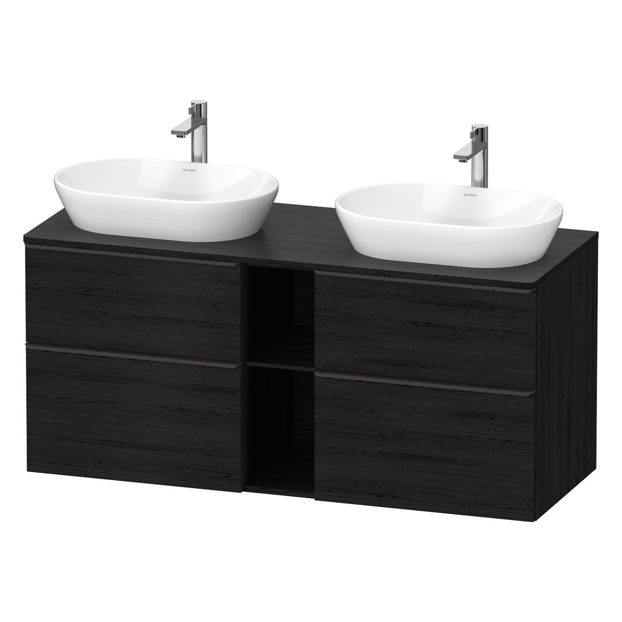 duravit d-neo 1400 wall mounted vanity unit with worktop 2 open shelves black oak diamond black handles