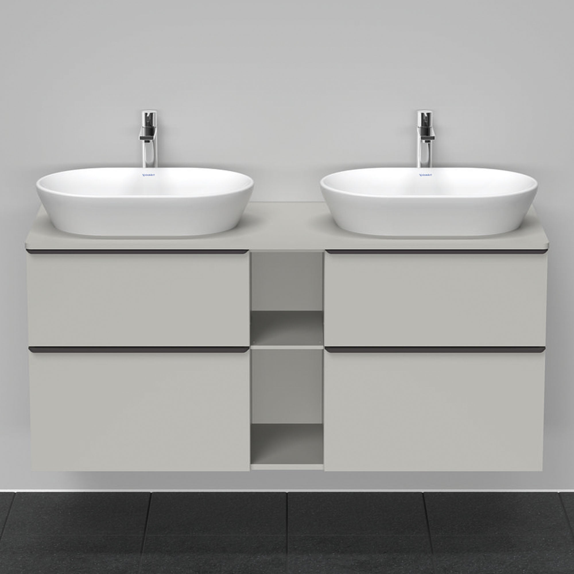 duravit d-neo 1400 wall mounted vanity unit with worktop 2 open shelves concrete grey diamond black handles