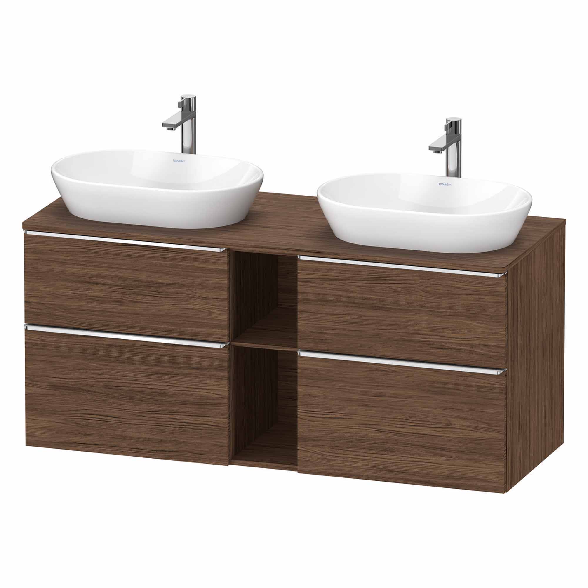 duravit d-neo 1400 wall mounted vanity unit with worktop 2 open shelves matt dark walnut chrome handles