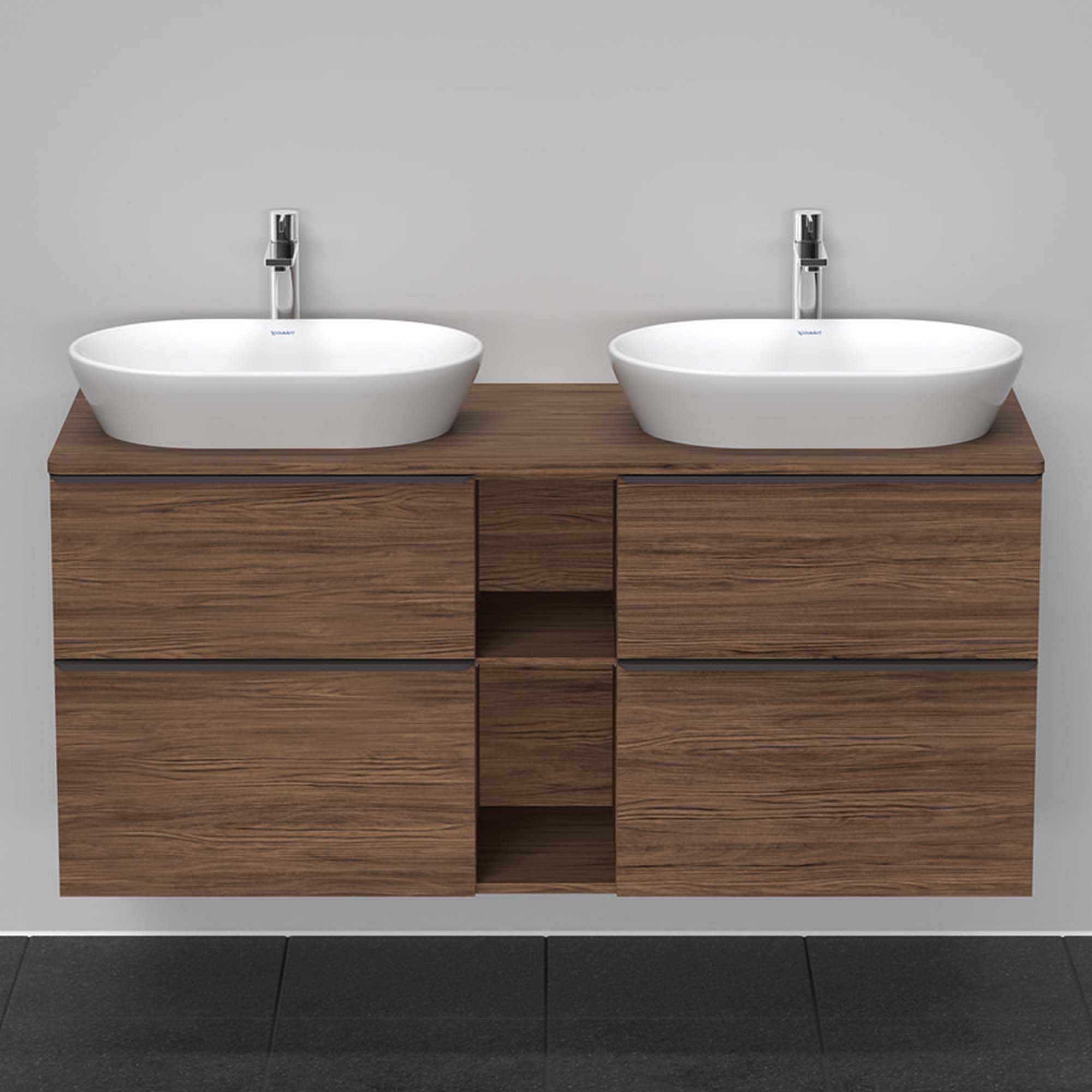 duravit d-neo 1400 wall mounted vanity unit with worktop 2 open shelves matt dark walnut diamond black handles